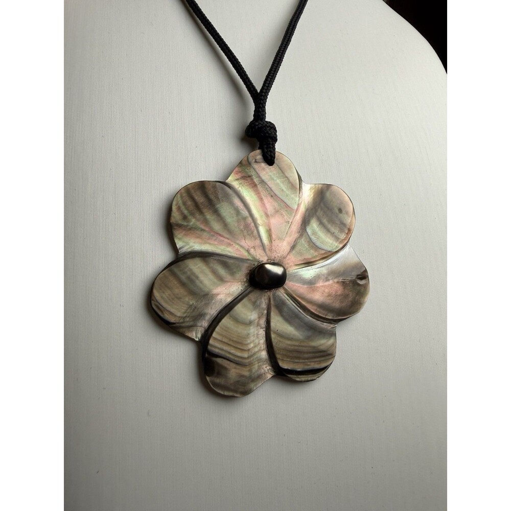 Iridescent Black Lip Mother of Pearl Plumeria Flower Pendant Necklace Black Cord